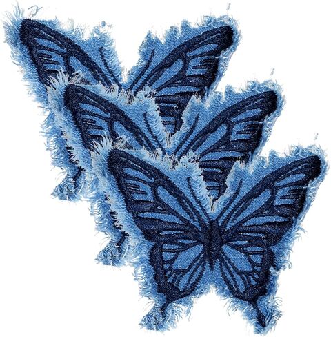 3 Pcs Butterfly Patches, Sew on Embroidered Applique with Fringe, Blue Denim Jean Patches for Hats, Clothing, Jackets, Denim Patch Repair Decoration in Saudi Arabia