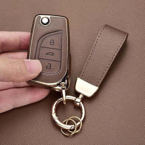 Key Fob Cover Compatible with Toyota Fortuner Tundra Camry RAV4, Leather+TPU Key Cover Case Flip key 3/4-Buttons in Kuwait