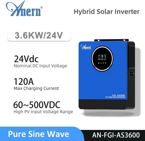 3600W Hybrid Solar Inverter 24V to 110V/120VAC All in One for Home Backup Off-Grid Living Pure Sine Wave with 120A MPPT Charge Controller, 4200W PV Input, Works with Lead-Acid & Lithium Battery in Kuwait