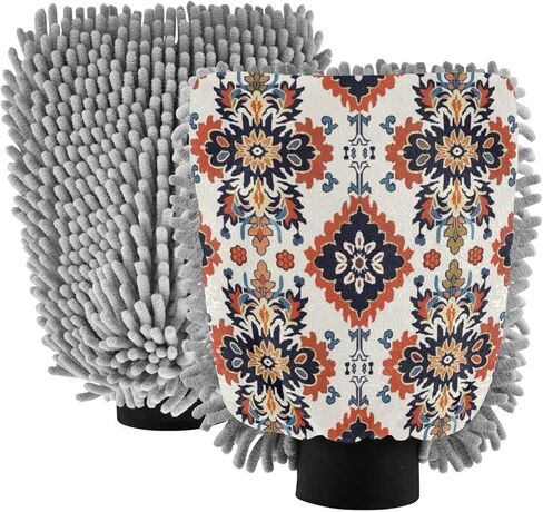 قفازات غسيل وتجفيف السيارات من ALAZA Vintage Ikat Flowers Aztec Art خالية من الخدوش، قطعتان من قفازات الغسيل والتجفيف المصنوعة من الألياف الدقيقة الماصة/الشانيل، مقاس L in Kuwait
