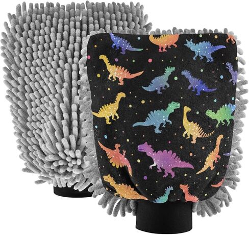 قفازات غسيل وتجفيف السيارة من ALAZA Rainbow Dino Polka Dots خالية من الخدوش، قطعتان من الألياف الدقيقة الماصة/الشانيل للغسيل والتجفيف، مقاس M in Kuwait
