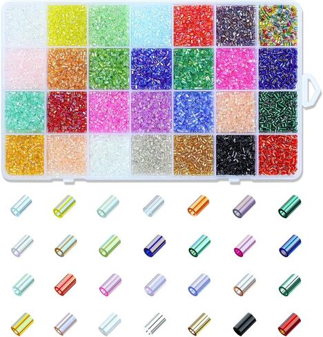 8400pcs Embroidery Bugle Beads, 3mm Tube Iridescent Beads Embroidery Kit for Bracelet Necklaces Crafts Jewelry Making Supplies for Adult (28 Colors) in Saudi Arabia