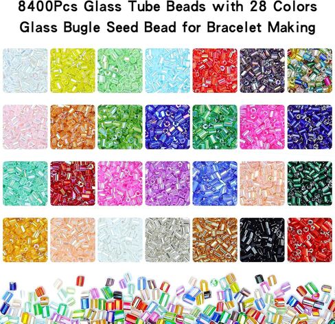 8400pcs Embroidery Bugle Beads, 3mm Tube Iridescent Beads Embroidery Kit for Bracelet Necklaces Crafts Jewelry Making Supplies for Adult (28 Colors) in Saudi Arabia