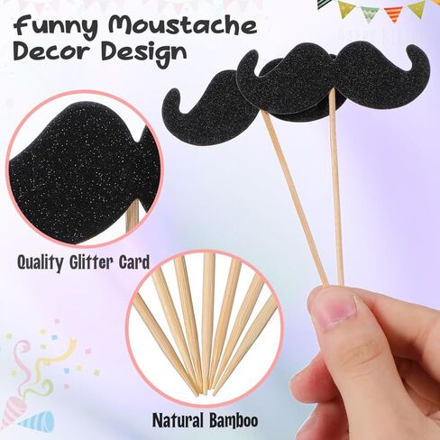 Moustache Cake Topper 40Pcs Funny Baking Picks for Birthday Party Decorations Cupcakes and Desserts in Kuwait