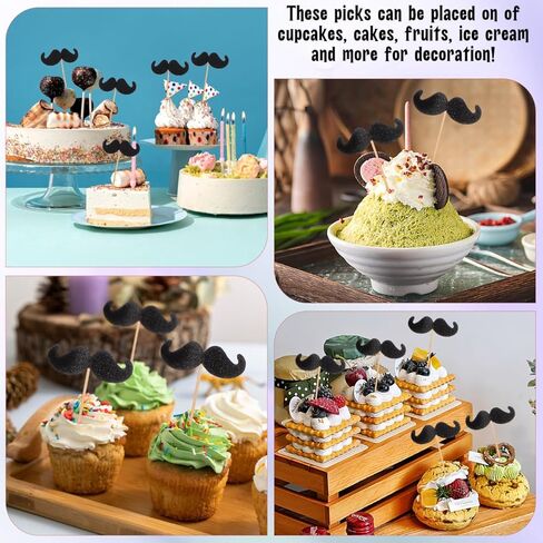 Moustache Cake Topper 40Pcs Funny Baking Picks for Birthday Party Decorations Cupcakes and Desserts in Kuwait