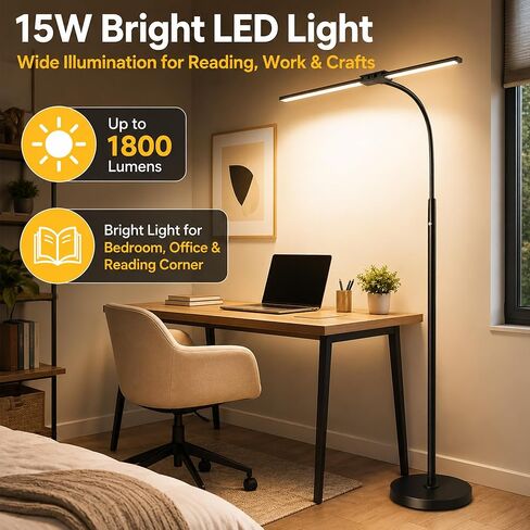مصباح أرضي لاسلكي قابل لإعادة الشحن، مصباح أرضي LED ساطع بقدرة 15 وات مع بطارية 8000 مللي أمبير في الساعة، مصباح قائم مزدوج الرأس معقوفة، 3 درجات حرارة ألوان، مصباح أرضي ببطارية خافتة بدون خطوات لمكتب غرفة النوم in Kuwait