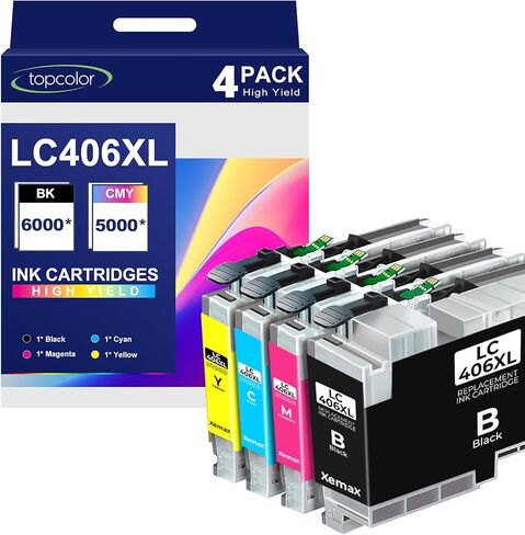 خراطيش حبر LC406XL مكونة من 4 عبوات متوافقة مع خرطوشة حبر ملونة Brother LC406XL LC406 عالية الإنتاجية تعمل لطابعة MFC-J4335DW MFC-J4345DW MFC-J4535DW MFC-J5855DW MFC-J5955DW MFC-J6555DW MFC-J6955DW in Kuwait