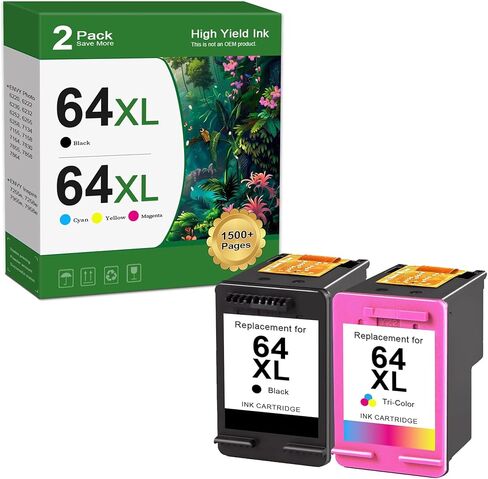 خرطوشة حبر سوداء وملونة 64 XL 64XL بديلة لخرطوشة حبر HP Ink 64XL HP64 لطابعة HP Envy Photo 7855 7858 7155 6255 7100 7800 Tango (عبوتان) in Kuwait