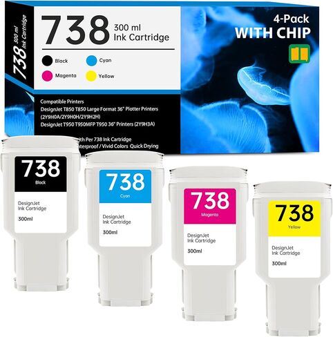 738 Ink Cartridge High Capacity 300ml with New Chip Repalcement for HP 738 Ink Cartridges 738XL 498N8A 676M6A 676M7A 676M8A for DesignJet T850 DesignJet T950 Printer, 4-Pack 738XL 738 Color Cartridges in Saudi Arabia