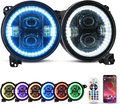 SUPAREE 9 بوصة مصابيح أمامية LED على شكل هالة حلقة عيون الملاك عن بعد للتحكم في تطبيق الهاتف 9 بوصة مستديرة DRL مناسبة لـ 2018-2026 Je-ep Wrangler JL Gladiator JT in Kuwait