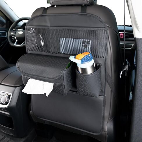 PU Leather Car Seat Back Organizer with Kick Mat Protectors, Tissue Box Storage, Cup Holder, Phone Holder for Road Trips. (Black) in Saudi Arabia