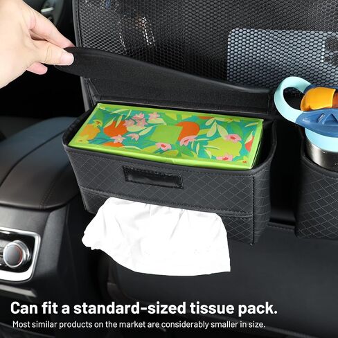 PU Leather Car Seat Back Organizer with Kick Mat Protectors, Tissue Box Storage, Cup Holder, Phone Holder for Road Trips. (Black) in Saudi Arabia