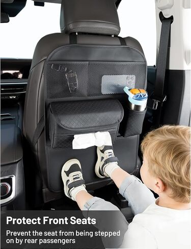 PU Leather Car Seat Back Organizer with Kick Mat Protectors, Tissue Box Storage, Cup Holder, Phone Holder for Road Trips. (Black) in Saudi Arabia