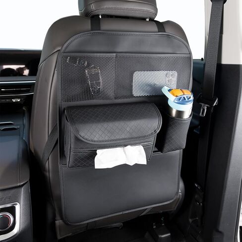 PU Leather Car Seat Back Organizer with Kick Mat Protectors, Tissue Box Storage, Cup Holder, Phone Holder for Road Trips. (Black) in Saudi Arabia