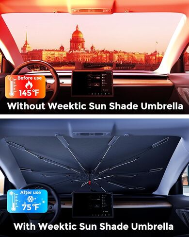 [2026 Upgrade] Weektic Windshield Sun Shade Umbrella [UPF50+ Crystal Nano Reflector] Protect Car from Sun Ray Damage, Umbrella Sun Shade for Car SUV Truck Keep Cool & Comfy, Medium (57" L x 31" W) in Saudi Arabia