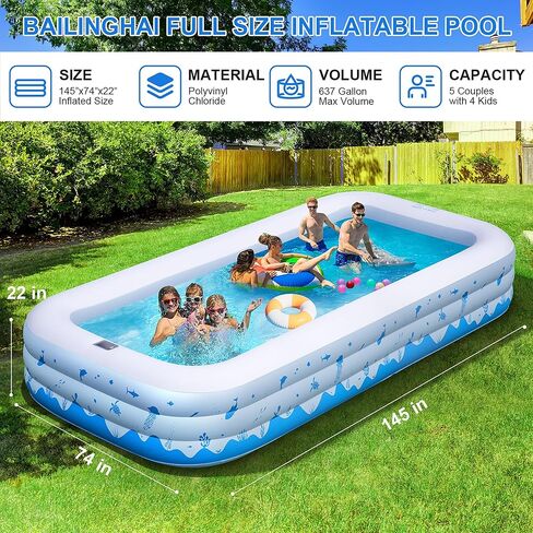 Large Inflatable Pool with Lights, 145" X 74" X 22" Family Inflatable Swimming Pools for Adults, Blow Up Pool Solar Powered, Inflatable PooI for Backyard (Air Pump Not Included) in Saudi Arabia