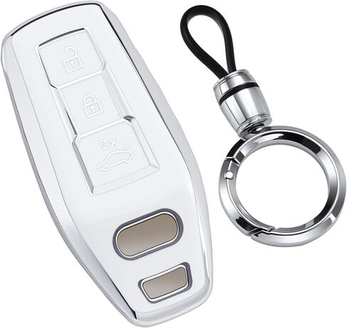 غطاء Key Fob بحافة فضية متوافق مع Audi 2025 2026 Q6 A5 A5L A6 A6L Q6L E-tron مفتاح السيارة الذكي، مع سلسلة مفاتيح قابلة للفصل (أسود) in Kuwait