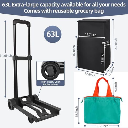 Utility Carts 63L Large Shopping Carts for Groceries and Reusable Shopping Bags, with Waterproof Lining, Grocery Cart on Wheels, Rolling Shopping Cart, Portable for Shopping, School, Laundry, Travel in Saudi Arabia