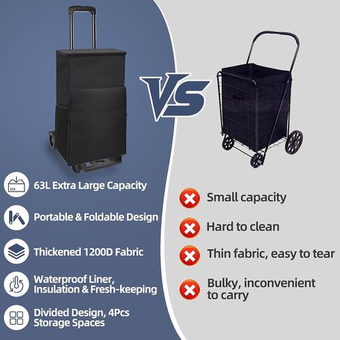 Utility Carts 63L Large Shopping Carts for Groceries and Reusable Shopping Bags, with Waterproof Lining, Grocery Cart on Wheels, Rolling Shopping Cart, Portable for Shopping, School, Laundry, Travel in Saudi Arabia