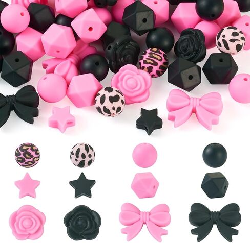 64Pcs Black Pink Silicone Focal Beads 15mm Round Beads Leopard Print Star Flower Rose Bowknot Spacer Bead for Crafts DIY Pens Keychain Lanyard Jewelry Making Supplies in Kuwait