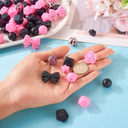 64Pcs Black Pink Silicone Focal Beads 15mm Round Beads Leopard Print Star Flower Rose Bowknot Spacer Bead for Crafts DIY Pens Keychain Lanyard Jewelry Making Supplies in Kuwait