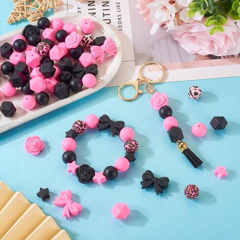 64Pcs Black Pink Silicone Focal Beads 15mm Round Beads Leopard Print Star Flower Rose Bowknot Spacer Bead for Crafts DIY Pens Keychain Lanyard Jewelry Making Supplies in Kuwait