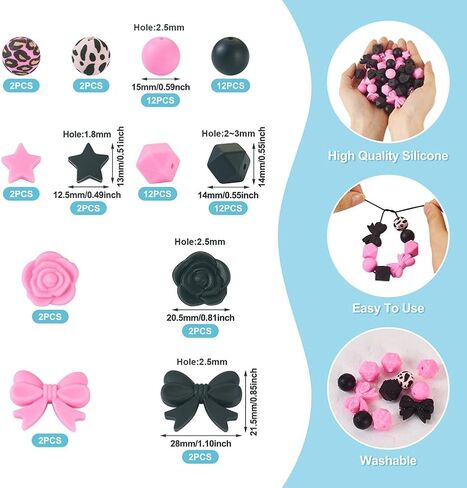64Pcs Black Pink Silicone Focal Beads 15mm Round Beads Leopard Print Star Flower Rose Bowknot Spacer Bead for Crafts DIY Pens Keychain Lanyard Jewelry Making Supplies in Kuwait