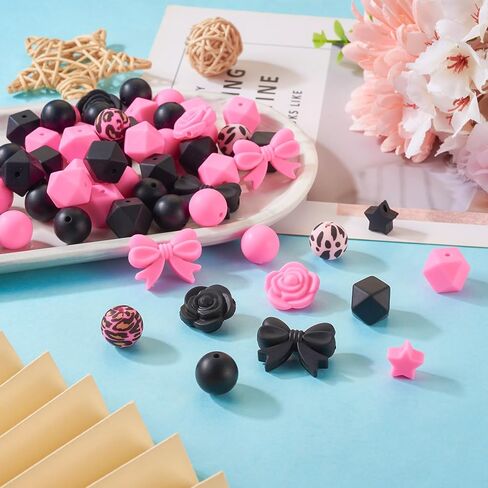 64Pcs Black Pink Silicone Focal Beads 15mm Round Beads Leopard Print Star Flower Rose Bowknot Spacer Bead for Crafts DIY Pens Keychain Lanyard Jewelry Making Supplies in Kuwait