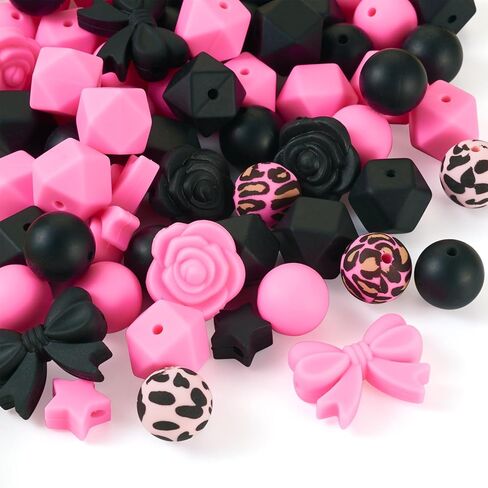 64Pcs Black Pink Silicone Focal Beads 15mm Round Beads Leopard Print Star Flower Rose Bowknot Spacer Bead for Crafts DIY Pens Keychain Lanyard Jewelry Making Supplies in Kuwait