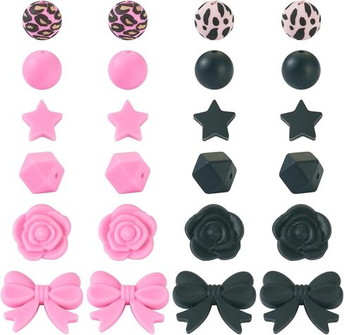 64Pcs Black Pink Silicone Focal Beads 15mm Round Beads Leopard Print Star Flower Rose Bowknot Spacer Bead for Crafts DIY Pens Keychain Lanyard Jewelry Making Supplies in Kuwait