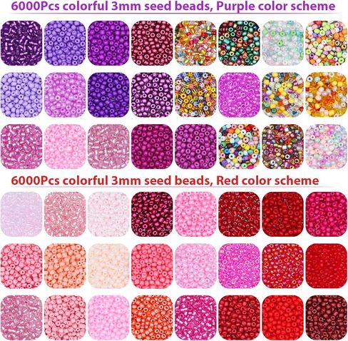 3mm 8/0 Glass Seed Beads for Jewelry Making Small Glass Beads Kit Red&Purple Collections for Bracelets, Earrings, Necklaces, DIY Crafts & Decorative 48 Vibrant Colors, 12000pcs/2 Boxes in Saudi Arabia