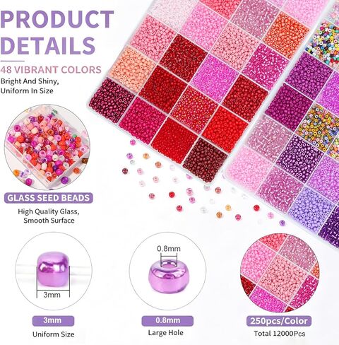 3mm 8/0 Glass Seed Beads for Jewelry Making Small Glass Beads Kit Red&Purple Collections for Bracelets, Earrings, Necklaces, DIY Crafts & Decorative 48 Vibrant Colors, 12000pcs/2 Boxes in Saudi Arabia