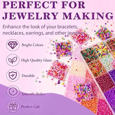 3mm 8/0 Glass Seed Beads for Jewelry Making Small Glass Beads Kit Red&Purple Collections for Bracelets, Earrings, Necklaces, DIY Crafts & Decorative 48 Vibrant Colors, 12000pcs/2 Boxes in Saudi Arabia