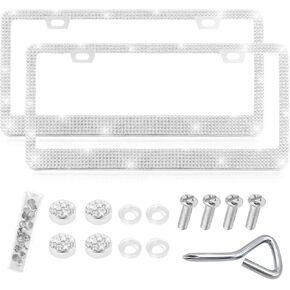 2 PCS Bling License Plate Frame for Women, Handcrafted Rhinestone Car Tag Frame with Sparkle Glitter Caps, Shiny Crystal Stainless Steel License Plate Holder for Most Vehicles (White) in Saudi Arabia