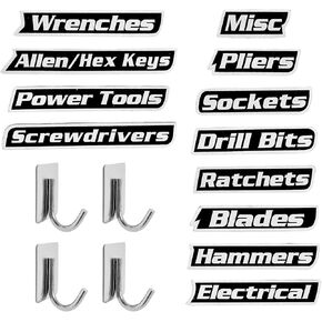 Magnetic Tool Box Labels and Hooks Set, 12 PCS Toolbox Magnetic Labels + 4PCS Self Adhesive Metal Hooks, Reusable Tool Box Accessories Organize for Steel Carts, Drawers, and Cabinets(Black) in Saudi Arabia