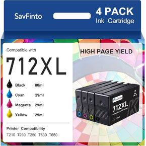 مجموعة خراطيش حبر 712XL 712 عالية الإنتاجية متوافقة مع طابعة HP DesignJet T210 T230 T250 T630 T650 Studio Plotter (4 عبوات، أسود سماوي أرجواني أصفر، 80 مل أسود + 29 مل لون) in Kuwait