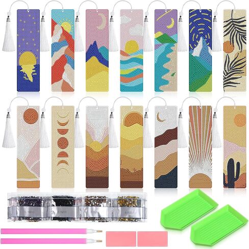 Oqqlin 14 Pcs Diamond Art Bookmarks, Boho Diamond Art Painting Bookmarks with 14 White Tassels & DIY Tool Kit 5D Sun & Moon Nature Acrylic Bookmark for Book Lovers and Craft Enthusiasts in Saudi Arabia
