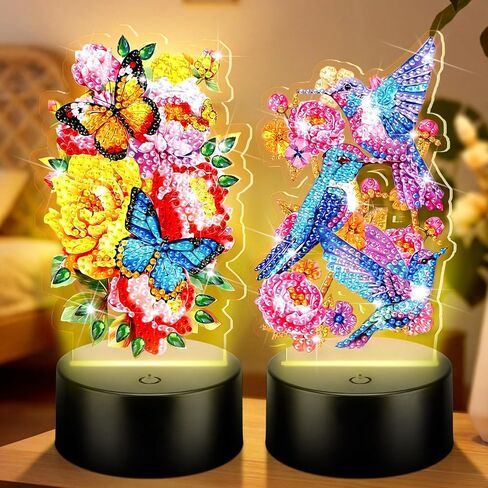 VIHOSE 2 Pcs Diamond Painting Night Light Butterfly&Birds Diamond Art Lamp DIY Light up Crafts Desktop Ornaments for Adults DIY Beginner Table Tabletop Decor Bedrooms Living Room in Kuwait