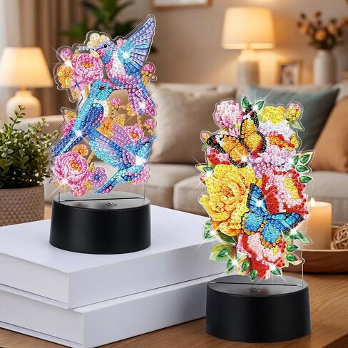 VIHOSE 2 Pcs Diamond Painting Night Light Butterfly&Birds Diamond Art Lamp DIY Light up Crafts Desktop Ornaments for Adults DIY Beginner Table Tabletop Decor Bedrooms Living Room in Kuwait