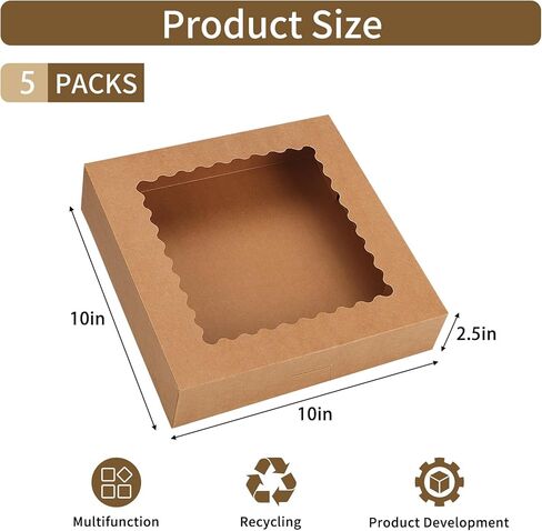 Moretoes 5pcs Pie Boxes, 10x10x2.5 Bakery Boxes with Window, Auto-Popup Brown Bakery Boxes for Pies, for Dessert, Donuts, Muffins in Saudi Arabia