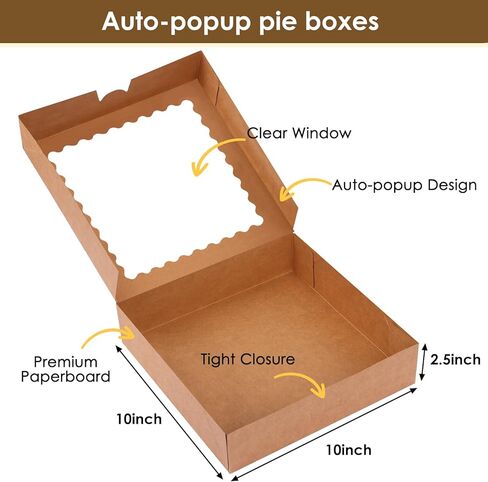 Moretoes 5pcs Pie Boxes, 10x10x2.5 Bakery Boxes with Window, Auto-Popup Brown Bakery Boxes for Pies, for Dessert, Donuts, Muffins in Saudi Arabia