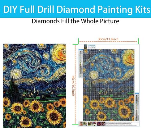 Sunflower Diamond Art Kits for Adults, Van Gogh Starry Night Diamond Painting Kits for Adults Beginner, 5D Full Drill Round Diamond Dots Crafts Paintings Canvas Perfect for Home Wall Decor 12x16Inch in Saudi Arabia