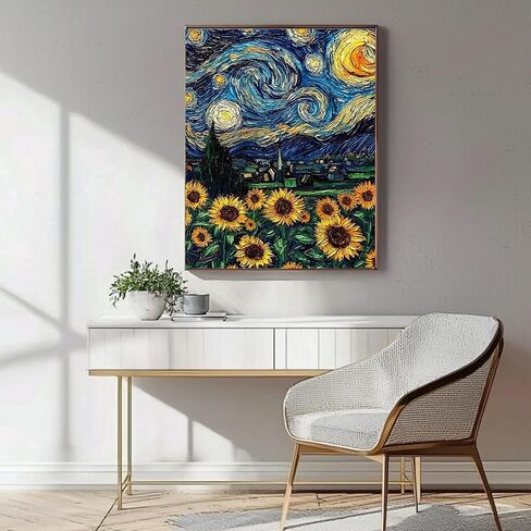 Sunflower Diamond Art Kits for Adults, Van Gogh Starry Night Diamond Painting Kits for Adults Beginner, 5D Full Drill Round Diamond Dots Crafts Paintings Canvas Perfect for Home Wall Decor 12x16Inch in Saudi Arabia