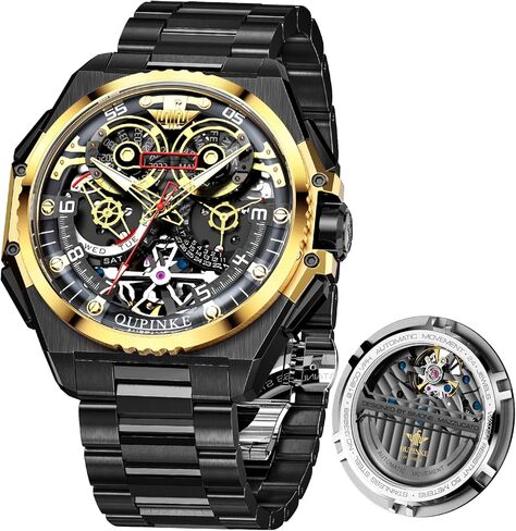 OUPINKE Watch for Men Automatic Wristwatch Sapphire Crystal Calendar Skeleton Luminous 3D Dial with 5ATM Waterproof Luxury Tungsten Steel Strap in Saudi Arabia