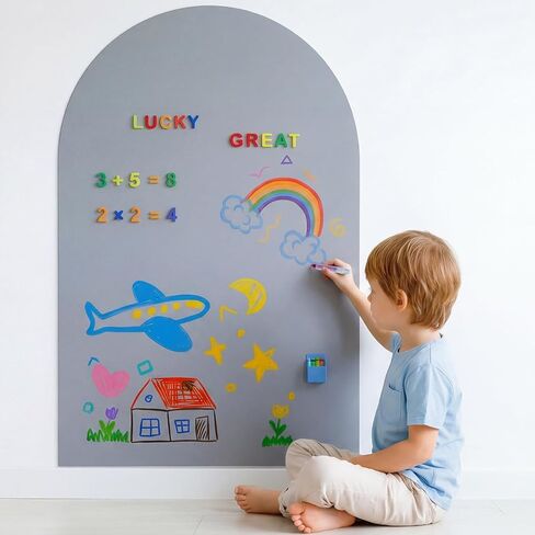 48x32 Magnetic Wall Decal Arch Shape -Black Chalkboard for Kids Playroom & Classroom Heavy Duty Magnetic Base for Building Tiles & Letters | Includes Liquid Chalks & Accessories (Grey) in Saudi Arabia