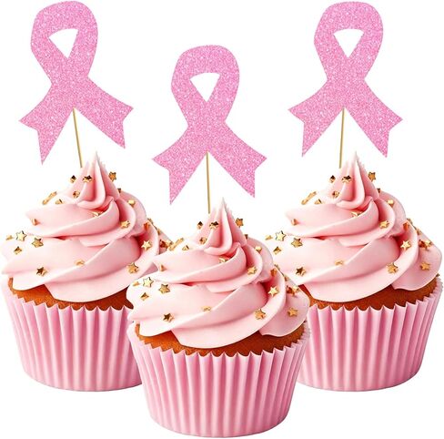 Breast Cancer Cupcake Toppers, 24 Pieces Pink Paper Breast Cancer Awareness Cupcake Toppers, 4.33x3.15x0.2 Inches Pink Ribbon Cake Topper for Fundraiser and Awareness Event in Kuwait