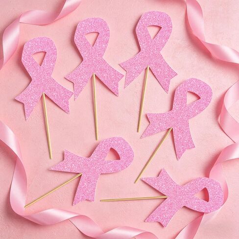 Breast Cancer Cupcake Toppers, 24 Pieces Pink Paper Breast Cancer Awareness Cupcake Toppers, 4.33x3.15x0.2 Inches Pink Ribbon Cake Topper for Fundraiser and Awareness Event in Kuwait