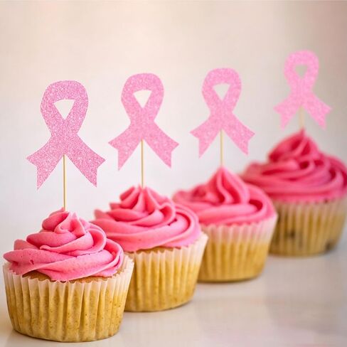 Breast Cancer Cupcake Toppers, 24 Pieces Pink Paper Breast Cancer Awareness Cupcake Toppers, 4.33x3.15x0.2 Inches Pink Ribbon Cake Topper for Fundraiser and Awareness Event in Kuwait