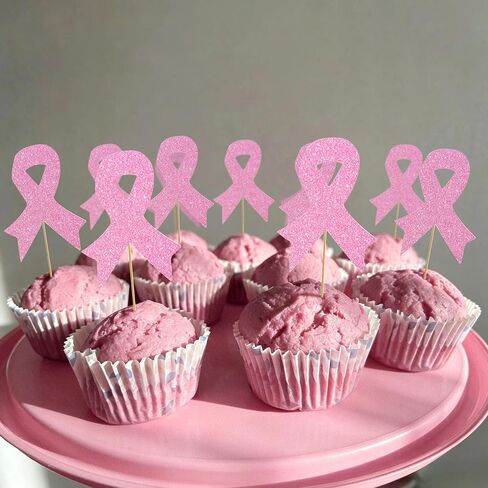 Breast Cancer Cupcake Toppers, 24 Pieces Pink Paper Breast Cancer Awareness Cupcake Toppers, 4.33x3.15x0.2 Inches Pink Ribbon Cake Topper for Fundraiser and Awareness Event in Kuwait