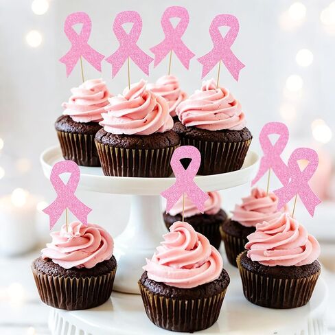 Breast Cancer Cupcake Toppers, 24 Pieces Pink Paper Breast Cancer Awareness Cupcake Toppers, 4.33x3.15x0.2 Inches Pink Ribbon Cake Topper for Fundraiser and Awareness Event in Kuwait